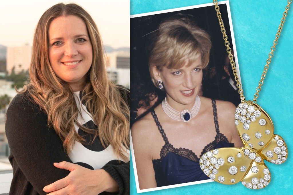 Collage of Gemfluencer Emily Waterfall, Princess Diana and a gold butterfly necklace